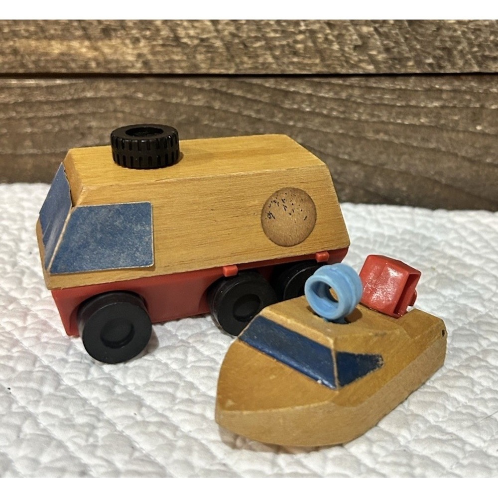 Vintage Mattel Camp Wind Up and Go Truck & Boat Wooden  1973